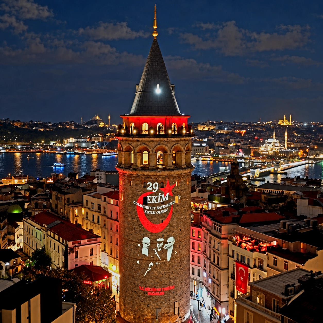Galata Kulesi Atatürk'ün Fotoğrafları ve Ay Yıldızla Aydınlandı