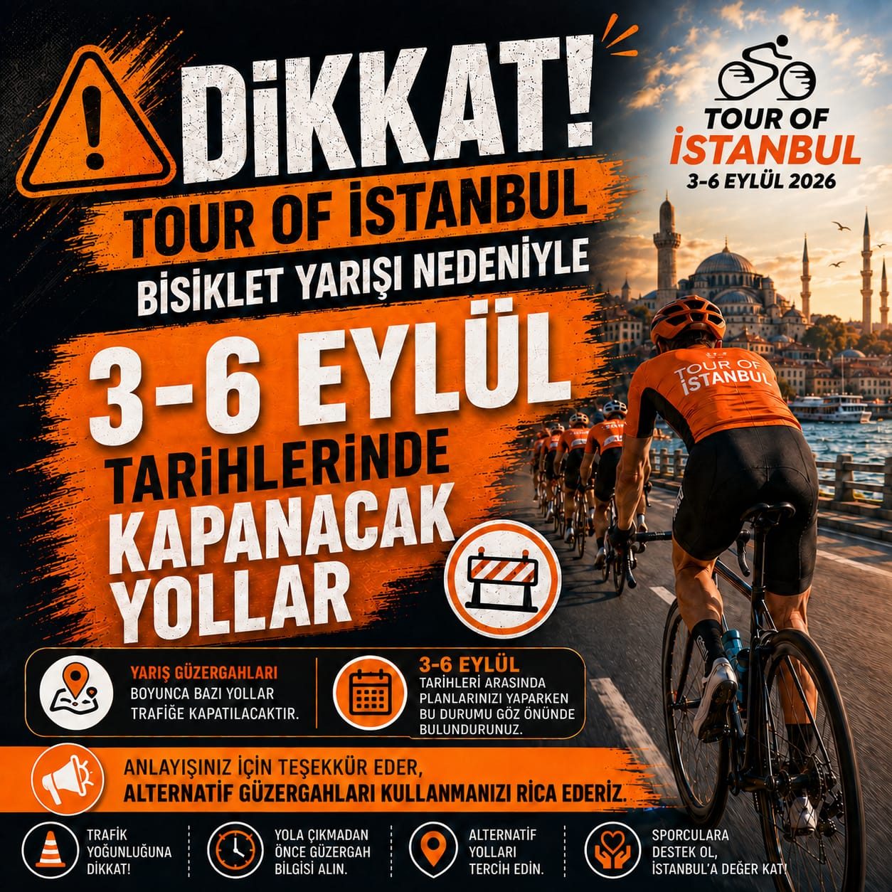 Tour of İstanbul Bisiklet Yarışı Nedeniyle 3-6 Eylül'de Trafik Düzenlemeleri